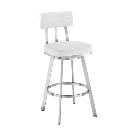 Armen Living Jinab Swivel Bar Stool in Brushed Stainless Steel with White Faux Leather 840254335318